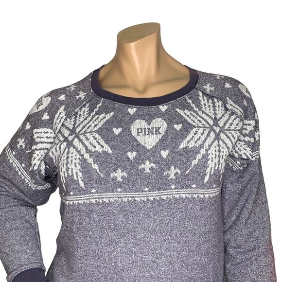 Pink by Victoria's Secret Sweater Fair Isle Snowflake Crewneck Over Size S - Picture 2 of 8